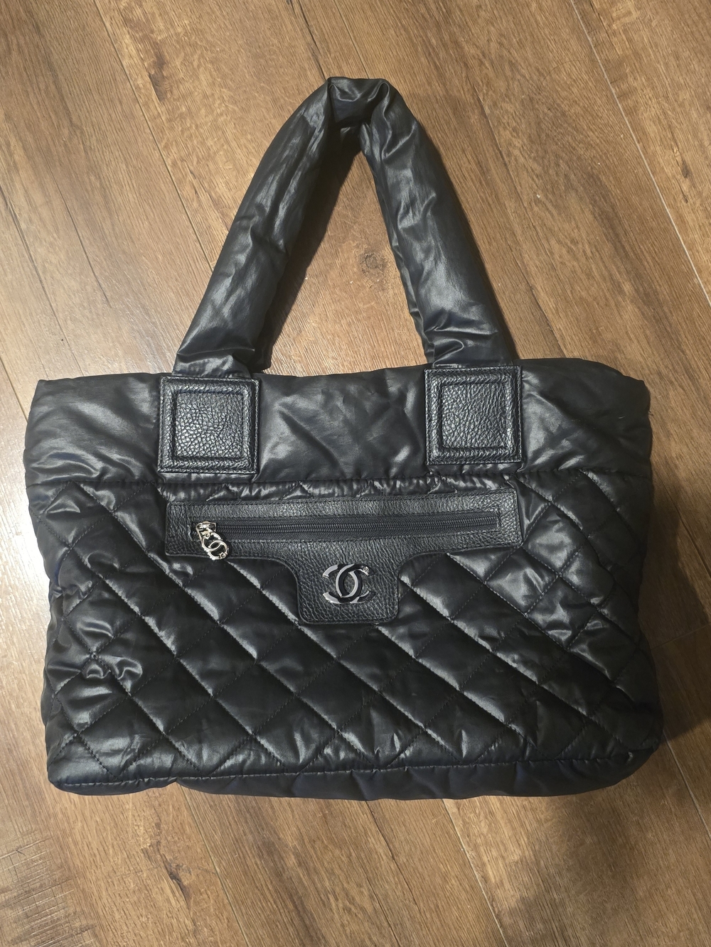 CHANEL. style Quilted Black Tote Bag with Front Zip Pocket